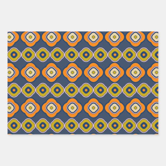Boho 70s Retro Shapes Pattern Blue Oranje Inpakpapier Vel (Voorkant)