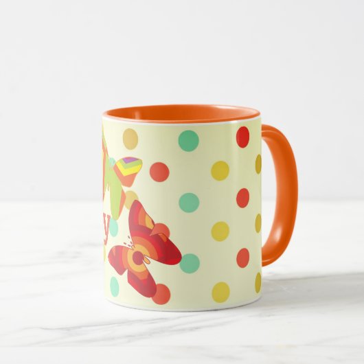 Boho 70's streep polka dot vlinder sinaasappel mok (Voorkant rechts)