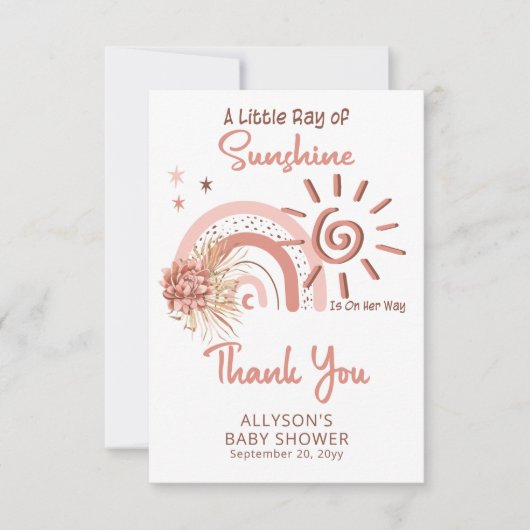 Boho A Little Ray of Sunshine Girl Baby shower Bedankkaart (Voorkant)