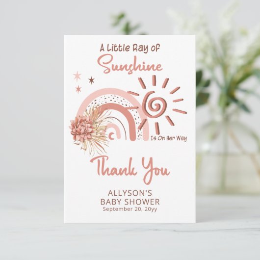 Boho A Little Ray of Sunshine Girl Baby shower Bedankkaart (Staand voorkant)