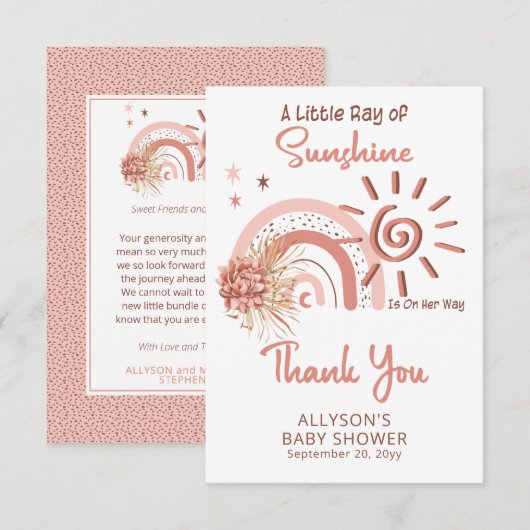Boho A Little Ray of Sunshine Girl Baby shower Bedankkaart (Voorkant / Achterkant)
