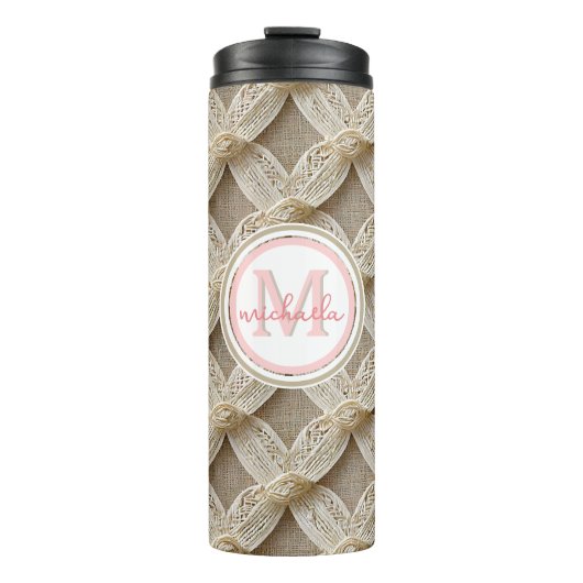 Boho aangepaste gepersonaliseerde roze & wit monog thermosbeker (Voorkant)