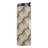 Boho aangepaste gepersonaliseerde roze & wit monog thermosbeker (Gedraaid links)