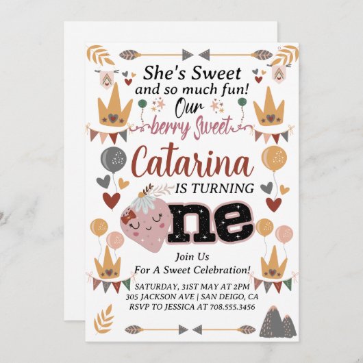 Boho Aardbei 1e verjaardag, EDITABLE Berry Sweet Kaart (Voorkant / Achterkant)