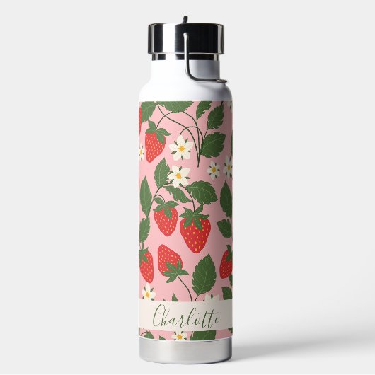 Boho Aardbeien Groene Tinten Roze Gepersonaliseerd Waterfles (Links)
