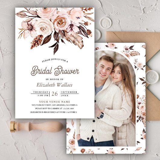 Boho Aards Ivoor Bloem Foto Bruidsdouche Kaart