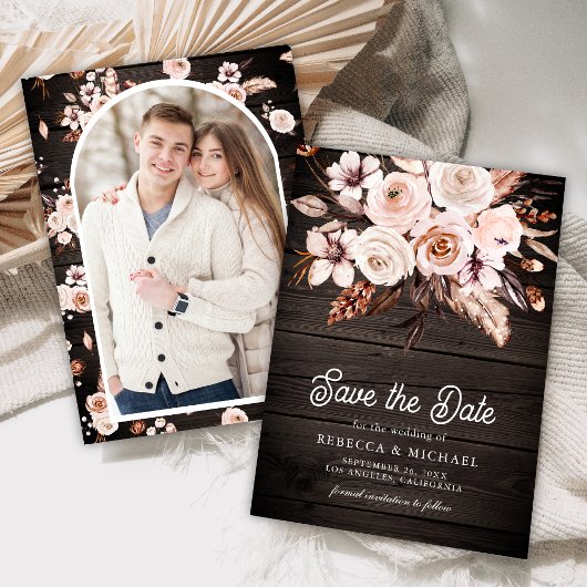Boho Aardse Bloem Foto Houten Bruiloft Save The Date