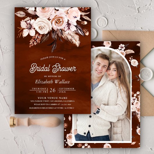 Boho Aardse Bloem Foto Terracotta Bruidsdouche Kaart