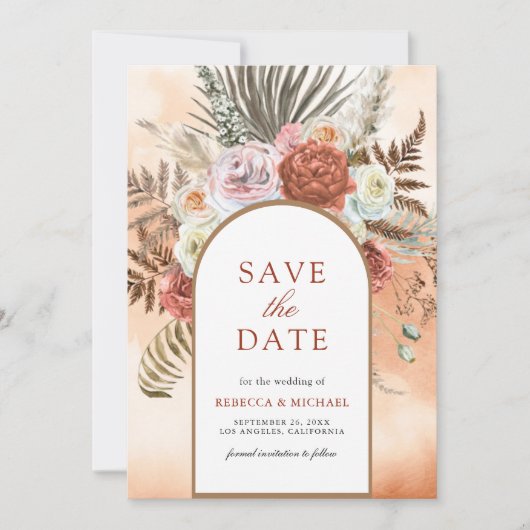 Boho Aardse Bloemen Terracotta Trouwfoto Save The Date (Voorkant)