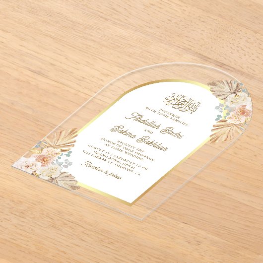 Boho Aardse Bloemenboog Moslim bruiloft Acryl Uitnodigingen (Laagn)