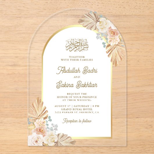 Boho Aardse Bloemenboog Moslim bruiloft Acryl Uitnodigingen (Voorkant)