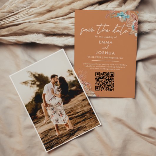 Boho aardse bloemenbruiloft foto save the date