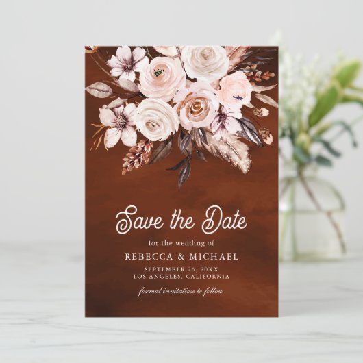 Boho Aardse Bloemenfoto Terracotta bruiloft Save The Date (Staand voorkant)