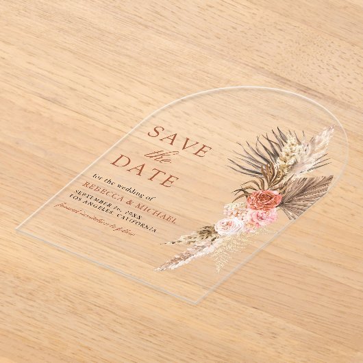 Boho Aardse Bloemenpampas Trouwen Save the Date Acryl Uitnodigingen (Laagn)