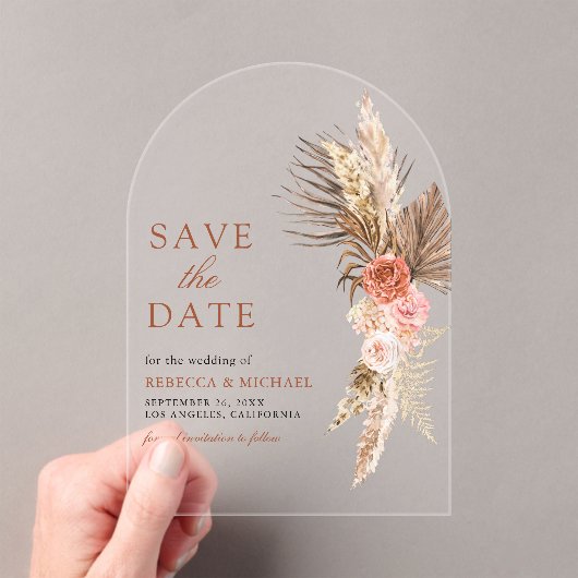 Boho Aardse Bloemenpampas Trouwen Save the Date Acryl Uitnodigingen (Insitu (Draagbaar))