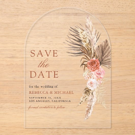 Boho Aardse Bloemenpampas Trouwen Save the Date Acryl Uitnodigingen (Voorkant)