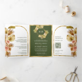 Boho Aardse Bloemige Olijfgroene QR Code Trouwen Drieluik Uitnodiging (Binnen)