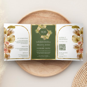 Boho Aardse Bloemige Olijfgroene QR Code Trouwen Drieluik Uitnodiging