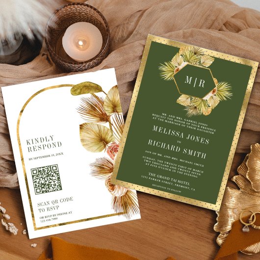 Boho Aardse Bloemige Olijfgroene QR Code Trouwen Kaart