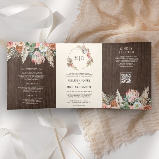 Boho Aardse Bloemige Pampas Hout QR Code Trouwen Drieluik Uitnodiging