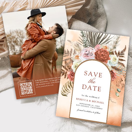 Boho Aardse Bloemige Terracotta Trouwfoto Save The Date