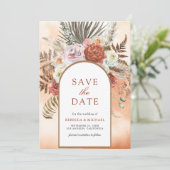 Boho Aardse Bloemige Terracotta Trouwfoto Save The Date (Staand voorkant)