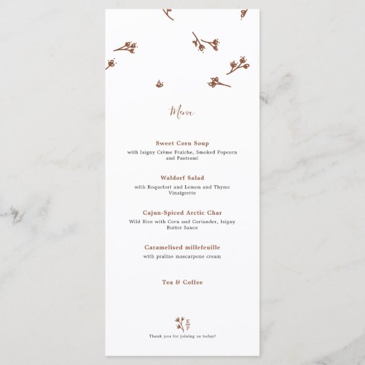 Boho aardse botanische elegante ivoren bruiloft menu (Achterkant)