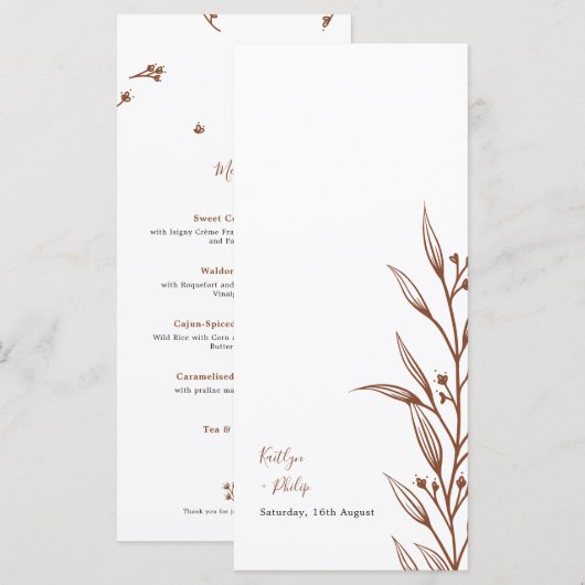 Boho aardse botanische elegante ivoren bruiloft menu (Voorkant / Achterkant)