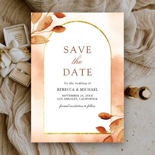Boho Aardse Terracotta Bladeren Boog Bruiloft Save The Date
