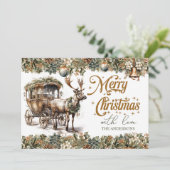Boho Aardse tinten groen goud Rendier en koets Feestdagenkaart (Staand voorkant)