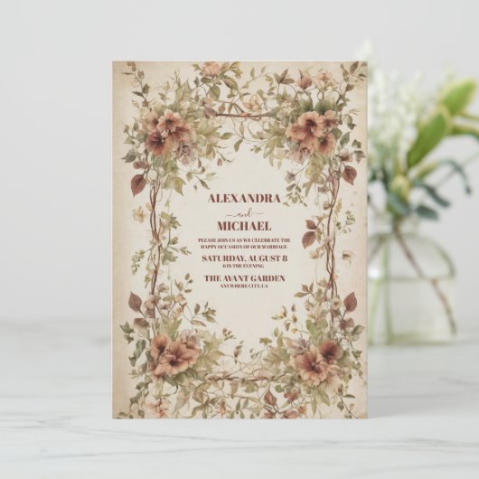 Boho aardse tinten klei bloemenbruiloft kaart (Staand voorkant)