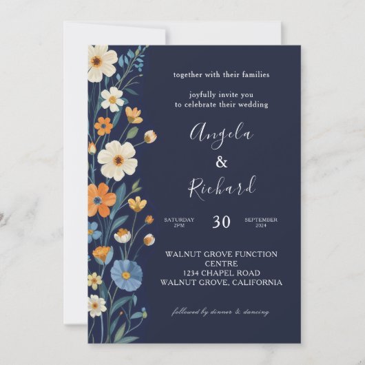 Boho Aardse Tonen Blauwe Bloem Fall Wedding Kaart (Voorkant)