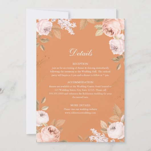 Boho Abrikoos Pioenen Bruiloft Details Kaart (Voorkant)