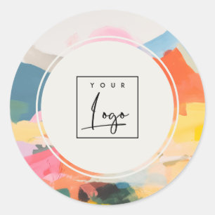 Boho Abstract Berglandschap Roze Blauwe Logo Ronde Sticker