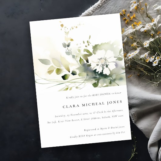 Boho Abstract Groen Wit Bloemen Baby shower Kaart