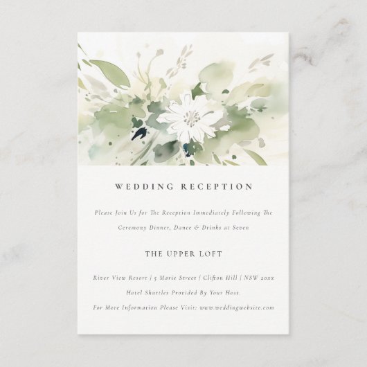 Boho Abstract Groen Wit Bloemen Bruiloft Receptie Informatiekaartje (Voorkant)