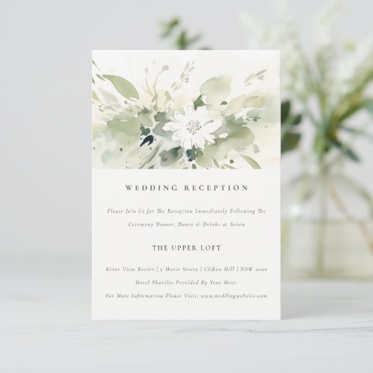 Boho Abstract Groen Wit Bloemen Bruiloft Receptie Informatiekaartje (Staand voorkant)
