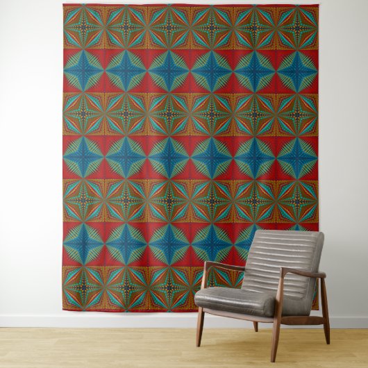 Boho Abstract Hippie Cool Rood Blauw Etnisch Tripp Wandkleed (In situ)