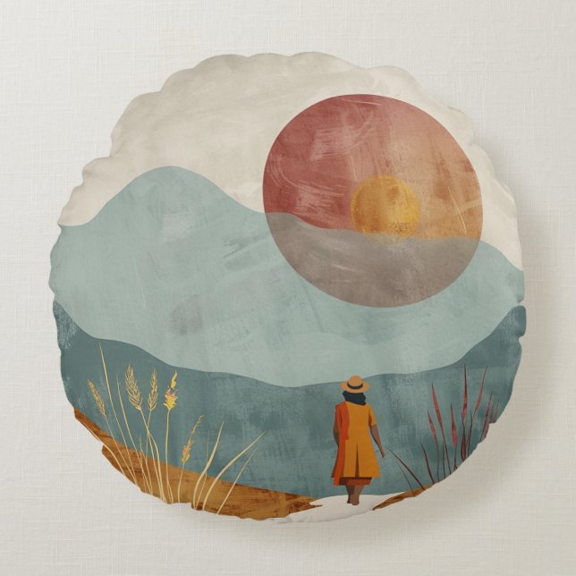 Boho Abstract landschap (23) Rond Kussen (Voorkant)