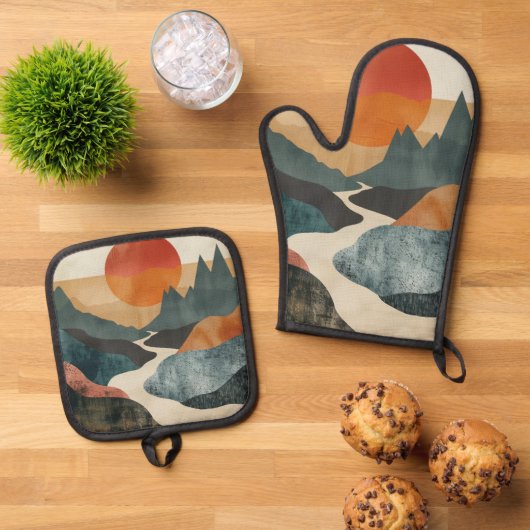 Boho Abstract landschap (5) Ovenwant & Pannenlap Set (Top down)