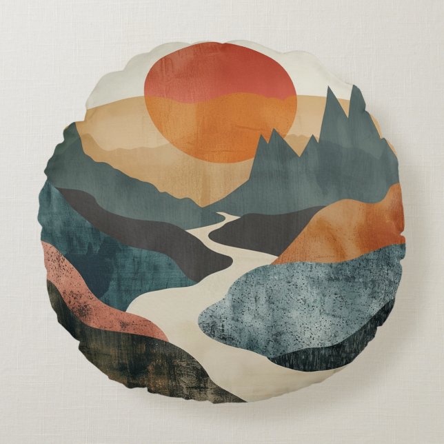 Boho Abstract landschap (5) Rond Kussen (Voorkant)