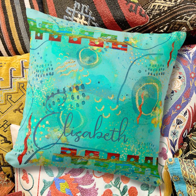 Boho Abstract Mayan Turquoise & Golden Misty Kussen (Creator heeft geüpload)