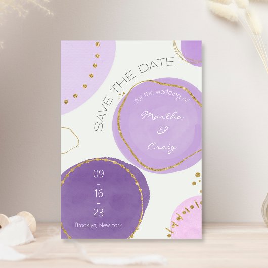 Boho Abstract Paars Gold Waterverf Circles Save The Date