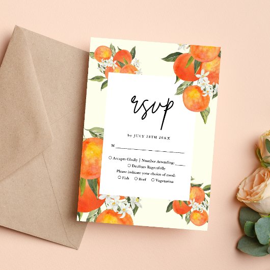 Boho Abstract Sketchy Orange Garden Wedding RSVP Kaartje