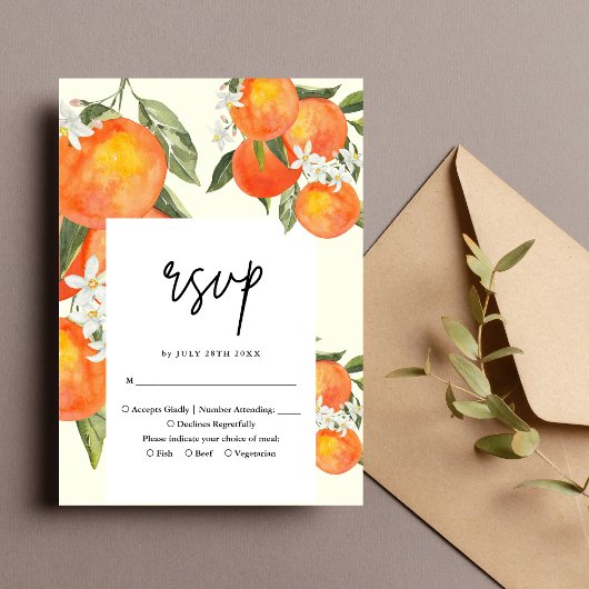 Boho Abstract Sketchy Orange Garden Wedding RSVP Kaartje