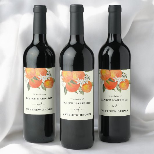 Boho Abstract Sketchy Orange Garden Wedding Wijn Etiket