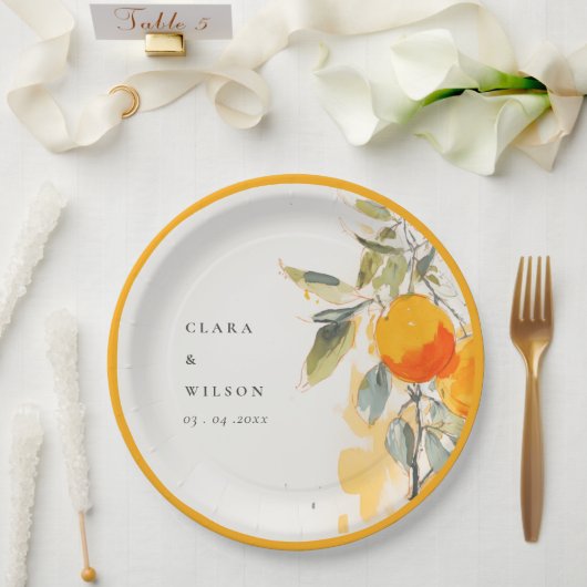 Boho Abstract Sketchy Oranje Tuin Bruiloft Papieren Bordje (Huwelijk)