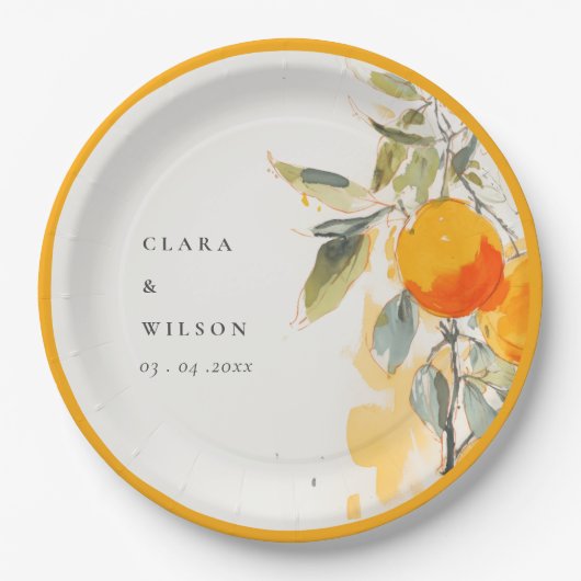 Boho Abstract Sketchy Oranje Tuin Bruiloft Papieren Bordje (Voorkant)