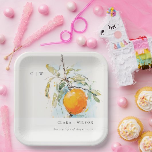 Boho Abstract Sketchy Oranje Tuin Bruiloft Papieren Bordje (Feest)