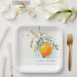 Boho Abstract Sketchy Oranje Tuin Bruiloft Papieren Bordje